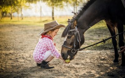 Zdjęcie przedstawia dziewczynkę z koniem