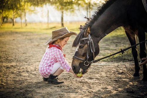 Zdjęcie przedstawia dziewczynkę z koniem
