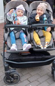 Zdjęcie przedstawia rodzeństwo siedzące w wózku